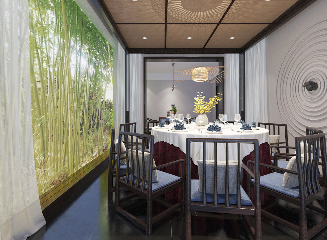 东海路700㎡独栋别墅一层餐厅新中式风格装修案例效果图