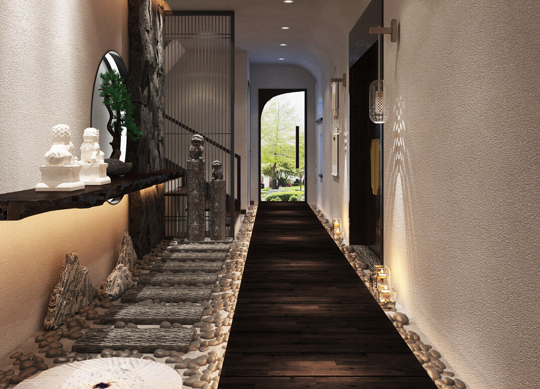 东海路700㎡独栋别墅一层走廊新中式风格装修案例效果图
