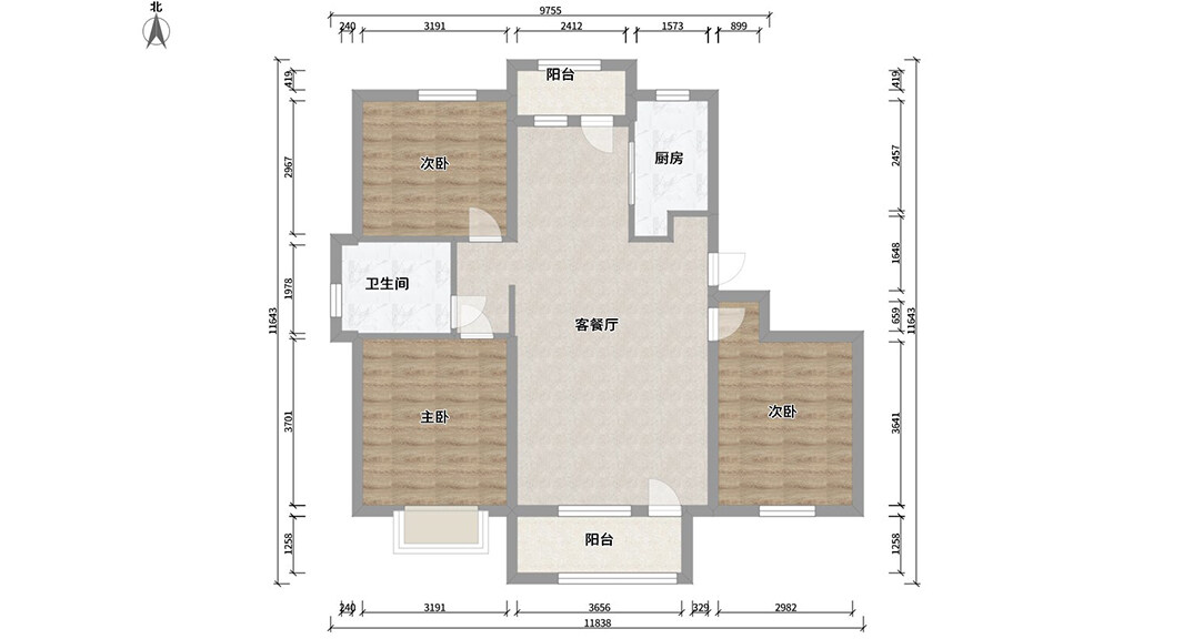 磊鑫伊顿阳光125㎡三室二厅户型平米布局图.jpg
