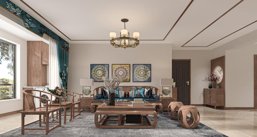 海洋名仕公馆172㎡三室两厅客厅沙发新中式风格装修案例效果图.jpg